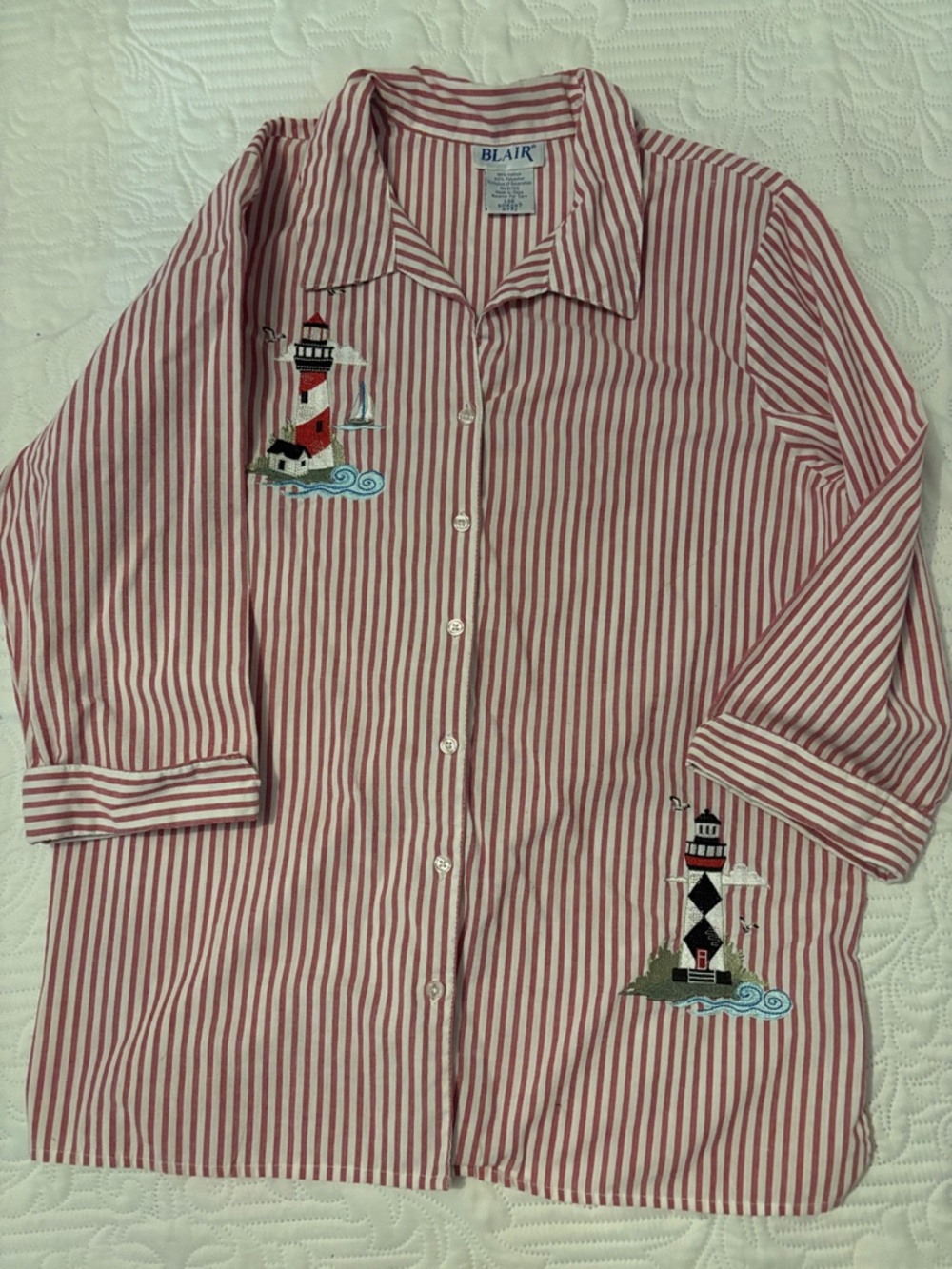 Blair Red & White Striped Button-Up Shirt - Nautical Embroidery Large